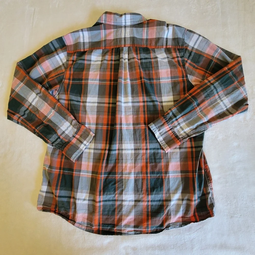 The North Face Plaid Shirt Mens XL Orange Grey Long Sleeve Button Down Cotton